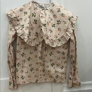 Floral Cream Blouse with Ruffle Accents